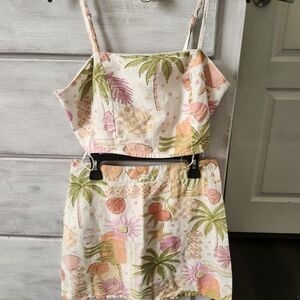 Tropical Print Two-Piece Crop Top & Mini Skirt Set - Pink, Green, Peach